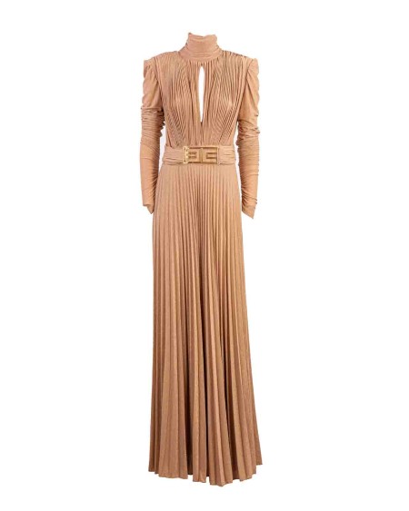 Shop ELISABETTA FRANCHI  Abito: Elisabetta Franchi abito red carpet in jersey lurex con collo alto e maniche lunghe arricciate. 
È caratterizzato da top con apertura a goccia trattenuta da una placca logo e gonna plissé con doppio spacco nei fianchi.
Spalline imbottite.
Gancio per chiusura.
Zip sulla schiena.
Accessorio in metallo dorato.
Composizione: 63% Viscosa 17% Poliestere 15% Poliammide 05% Elastane.
Fabbricato in Italia.. AB52337E2-791